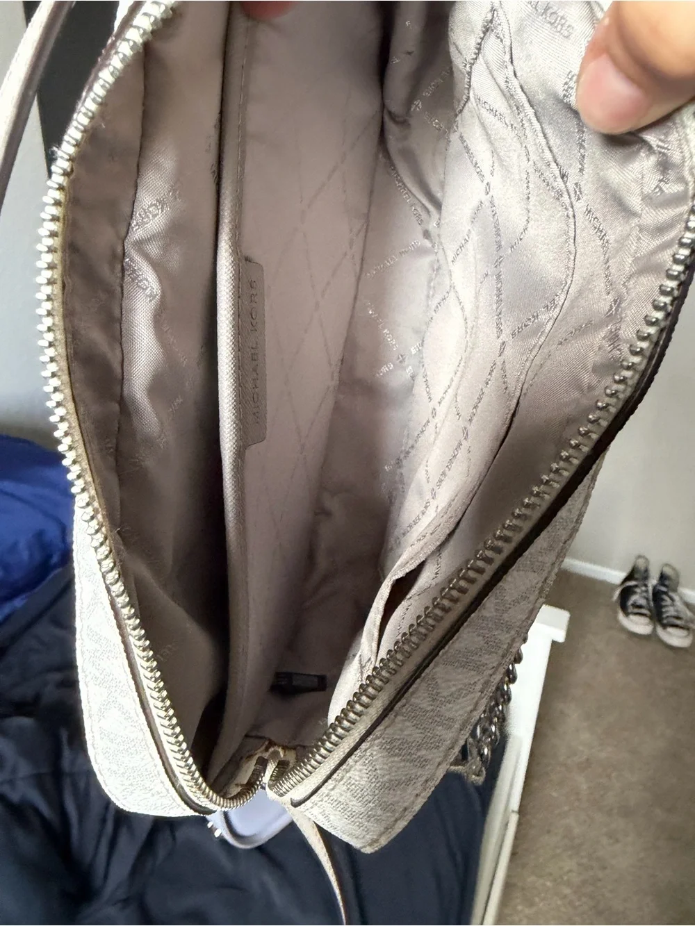 Michael Kors White and Taupe Signature Crossbody with Chain Detail